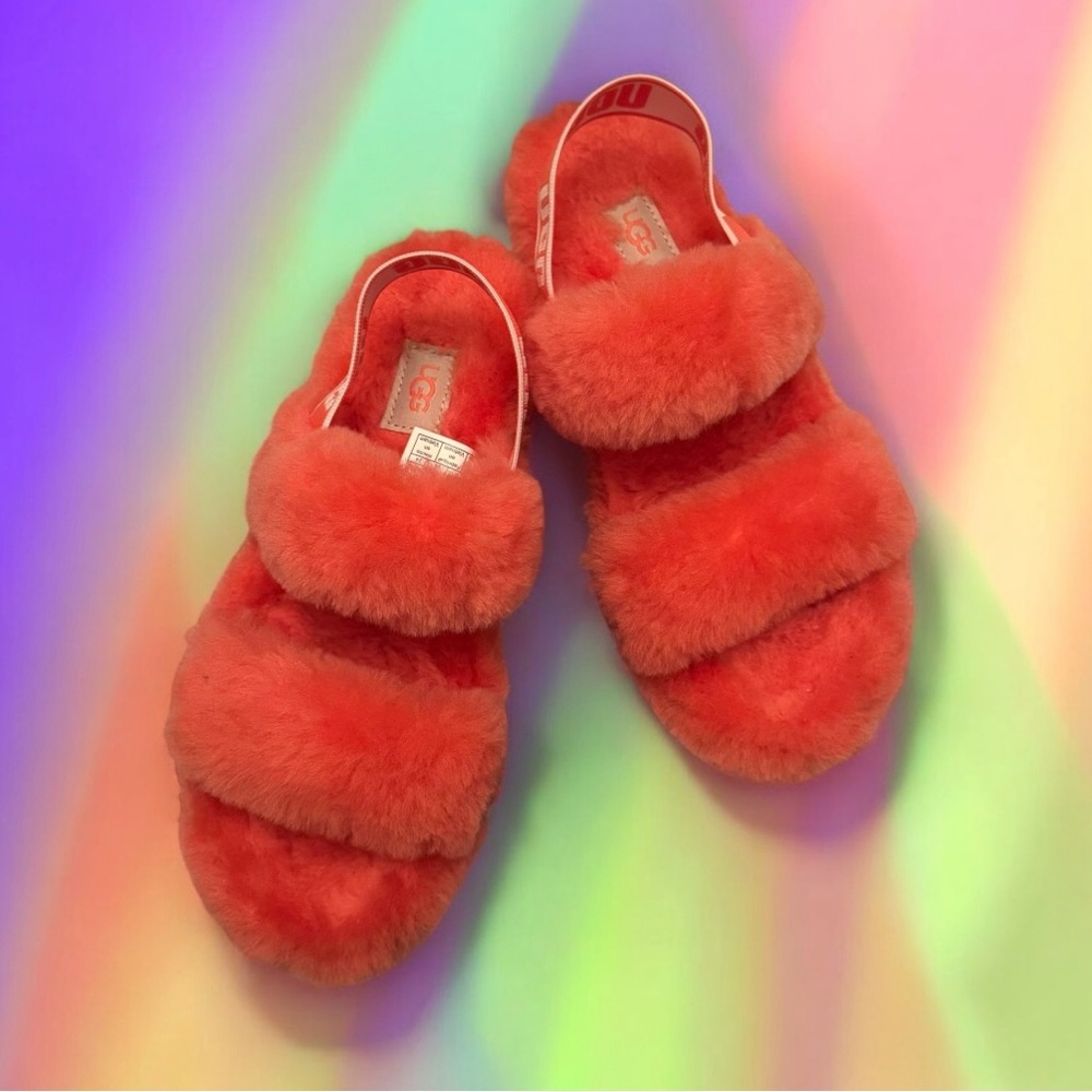 💞UGG Women’s Oh Yeah Slide On Plush Platform Sandals • POP CORAL • 38 EU / 7 US